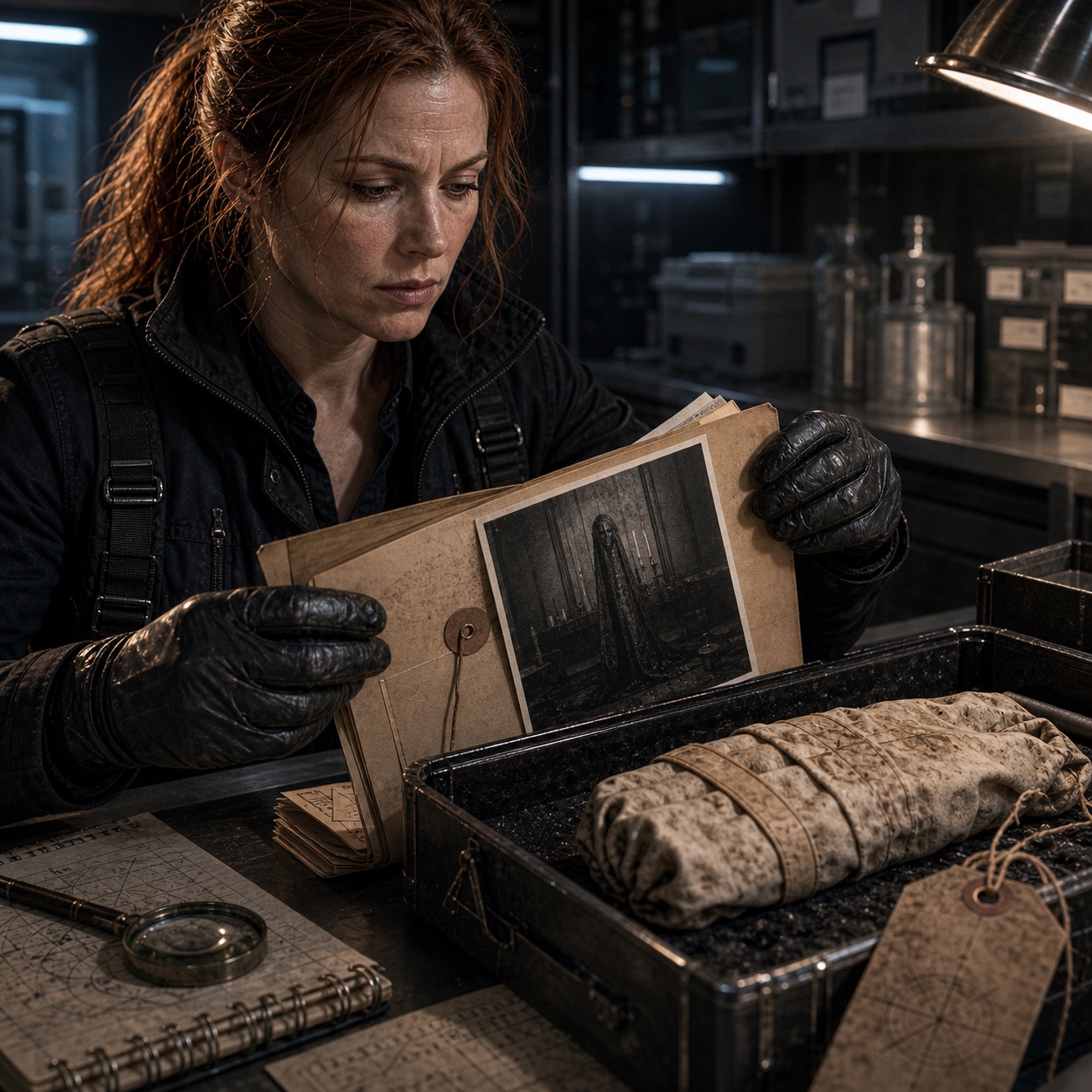 A classified Archive evidence photograph: a recovered occult attachment, still wrapped in funeral preparation cloth, logged and sealed before anyone touches it without authorization.