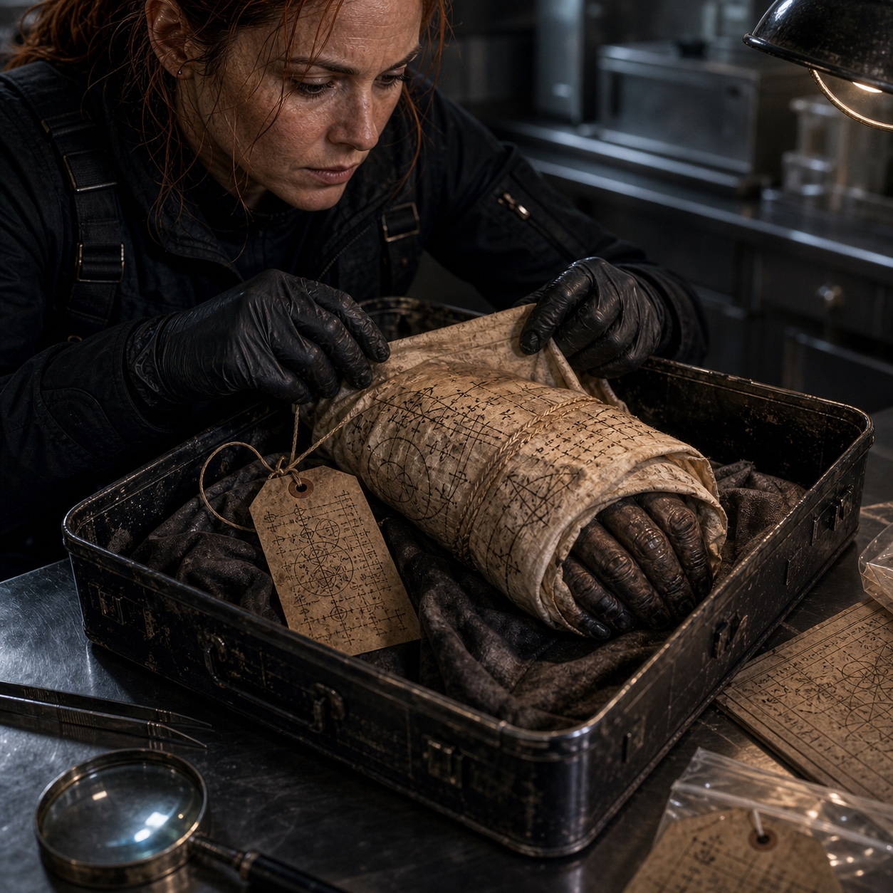 The Right Hand of Malachi Venn in its evidence wrapping, contract notation visible on the funeral linen. The fingertips are blackened. The hand is closed.