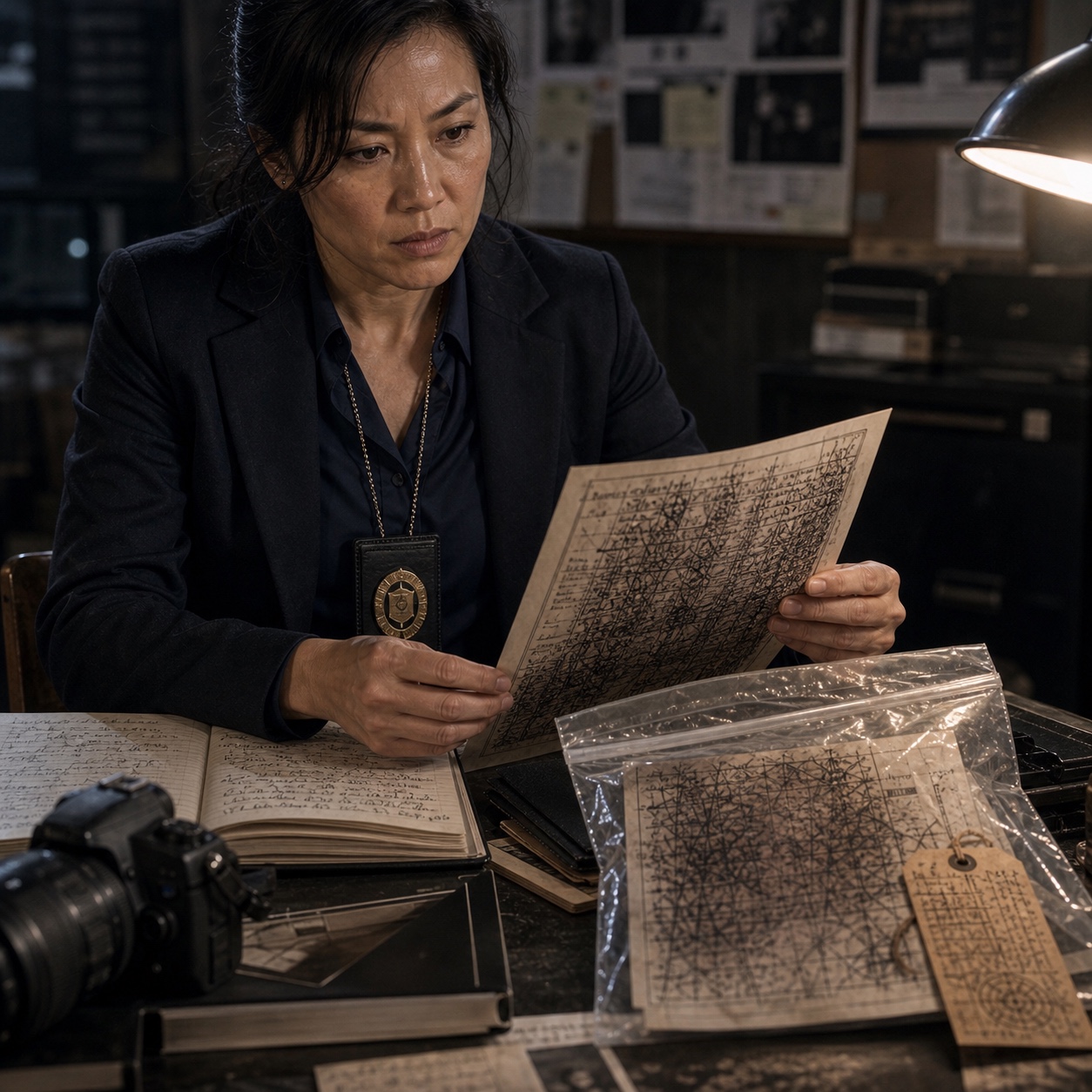 The Tongue of the Last Witness in its evidence bag, wrapped in court transcript pages covered in close handwriting.