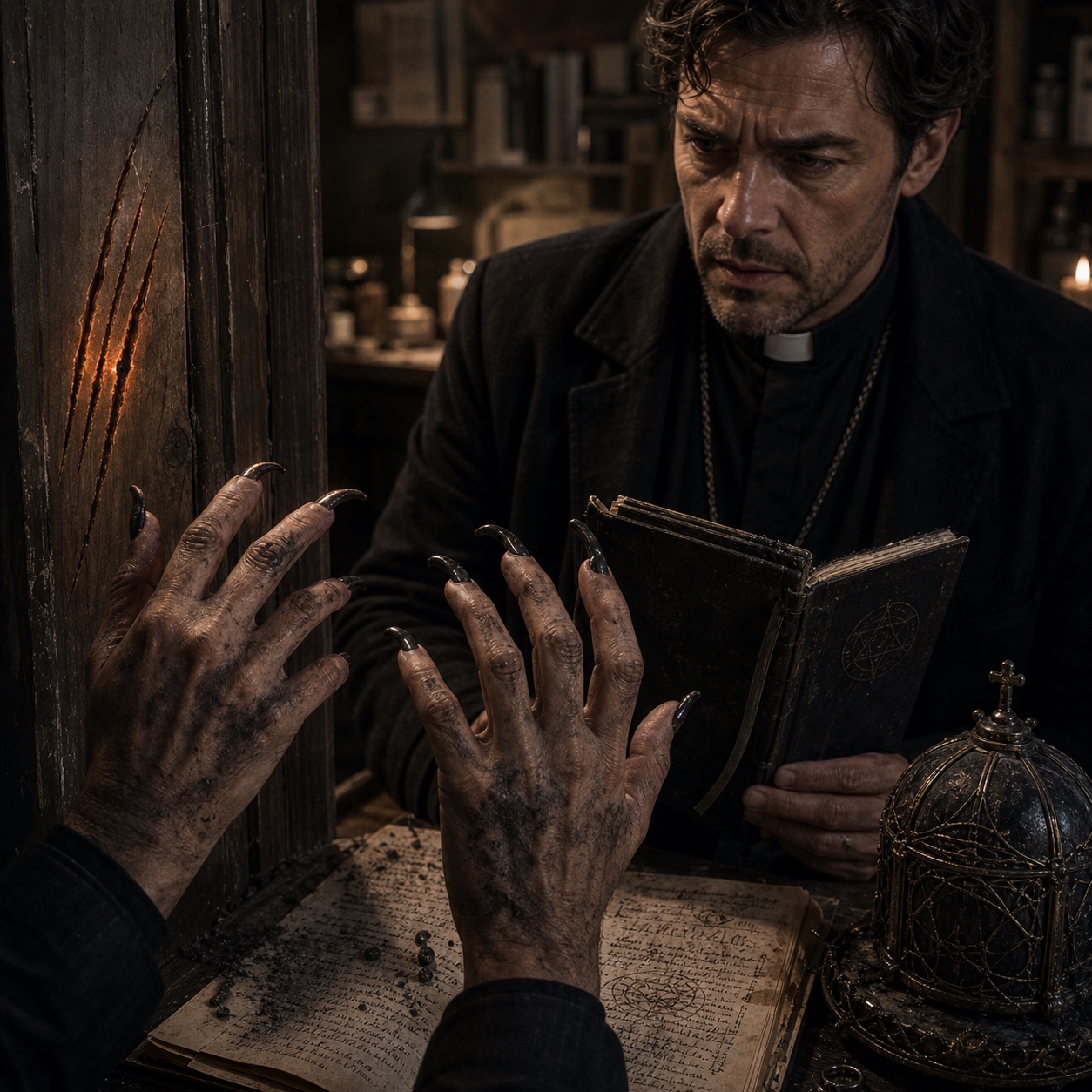 Close view of hands after the Claw Prayer installation: nails slightly curved, darkened, almost normal. A scratch mark on the doorframe behind them is faintly warm to the touch.