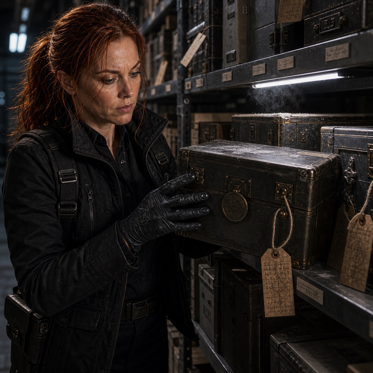 A section of the Latchkey Archive's physical storage facility: labeled cases on numbered shelves, each sealed, each logged. The Archive holds more than anyone outside it knows.
