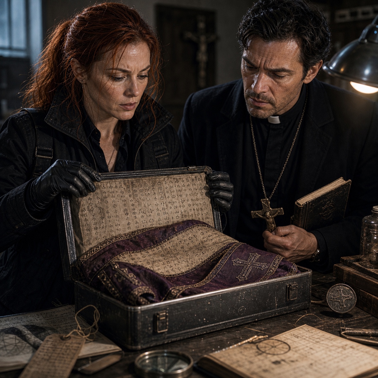 The Aldecott Stole, laid flat in its iron-lined case. The purple silk is aged but intact. Tiny handwritten notations cover the interior lining in at least four different alphabets.
