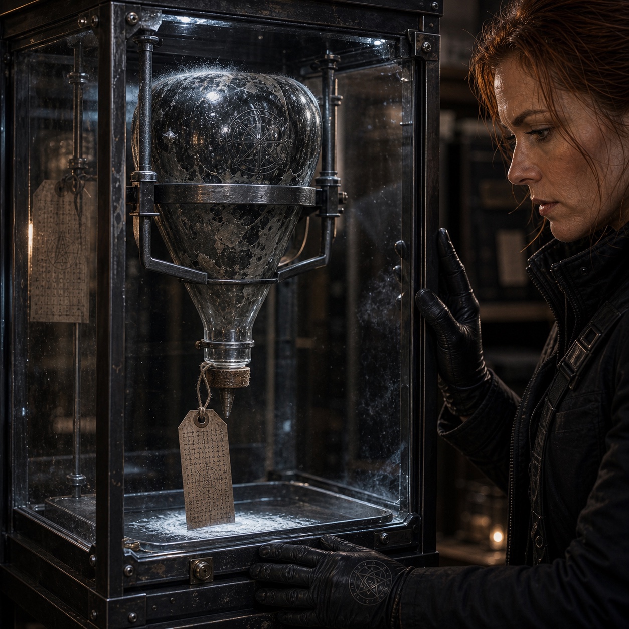 The Sealed Vessel of 1887 in maximum containment storage, inverted as per handling protocol. The iron bands around its lead-lined case are visible. It has not been opened since it arrived.