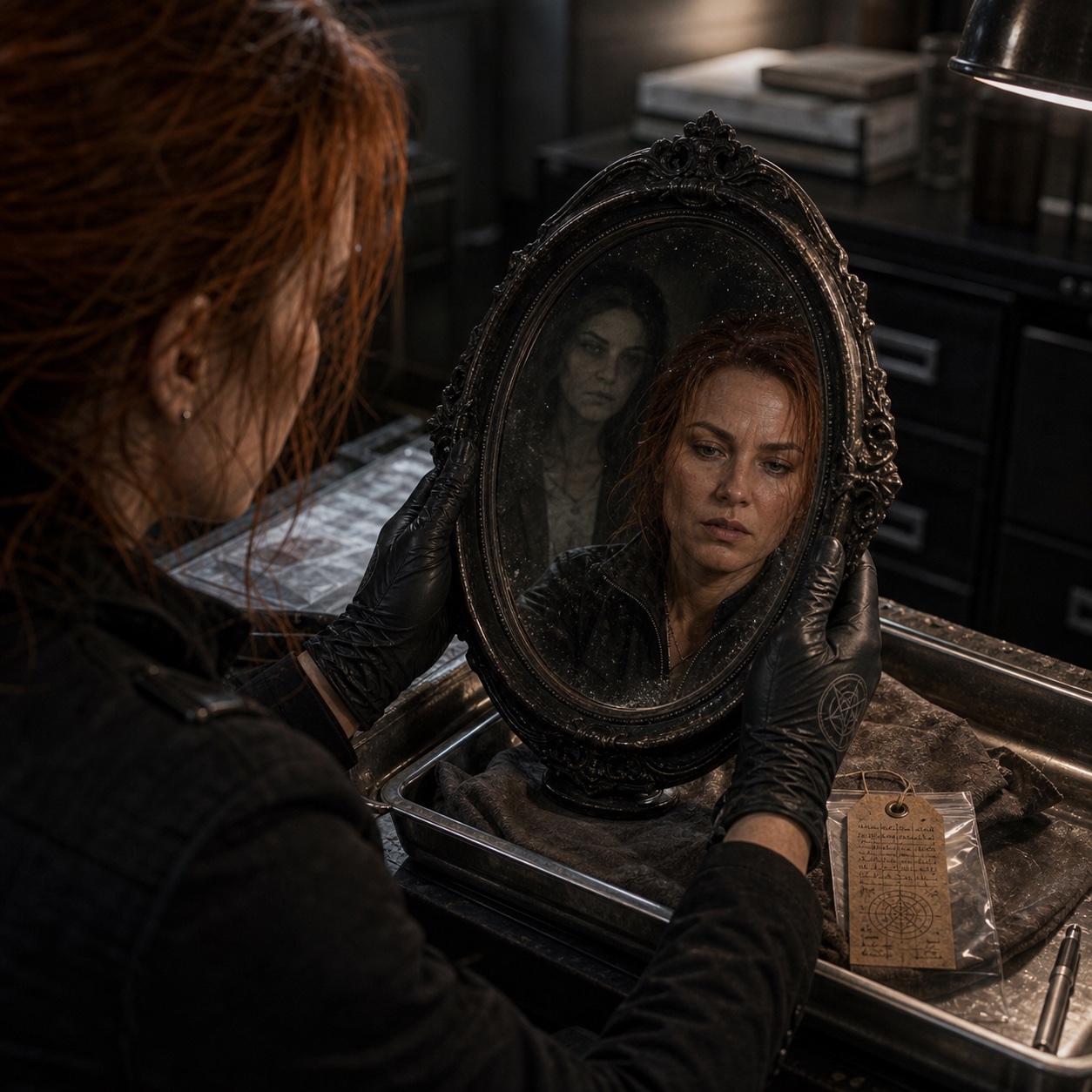 Margrethe's Mirror, silver frame tarnished nearly black, the intact glass carrying its faint blue-gray cast.