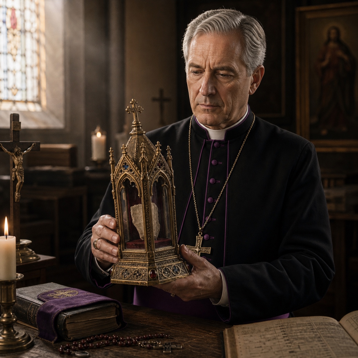 The Saint Irenaeus Fragment in its medieval gilded reliquary, on open display in the private chapel where its current holder keeps it.