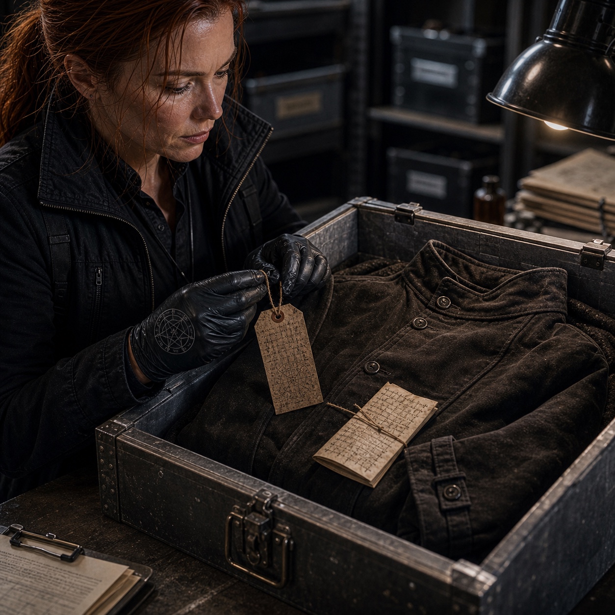 Savin Drache's coat in its lead-lined containment, the storage tag visible. The small objects in its pockets have been separately catalogued. The folded paper with names on it is tagged as evidence.