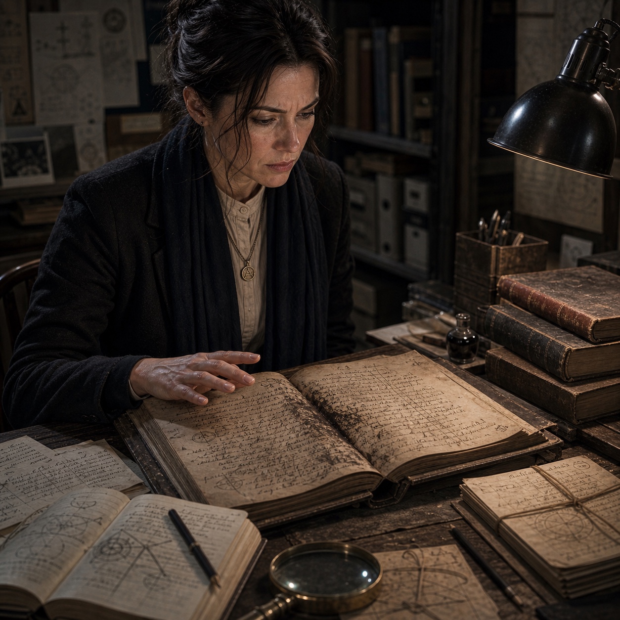 The Dusseldorf Ledger open on an examination table. A researcher's handwritten notes sit beside it. There is a new entry in the ledger, in the researcher's handwriting, that they have no memory of adding.