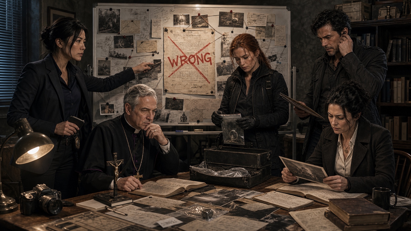 A team briefs around a whiteboard covered in photographs, string, and handwritten notes. The official incident report is pinned in the center with a single word written across it in red: WRONG.