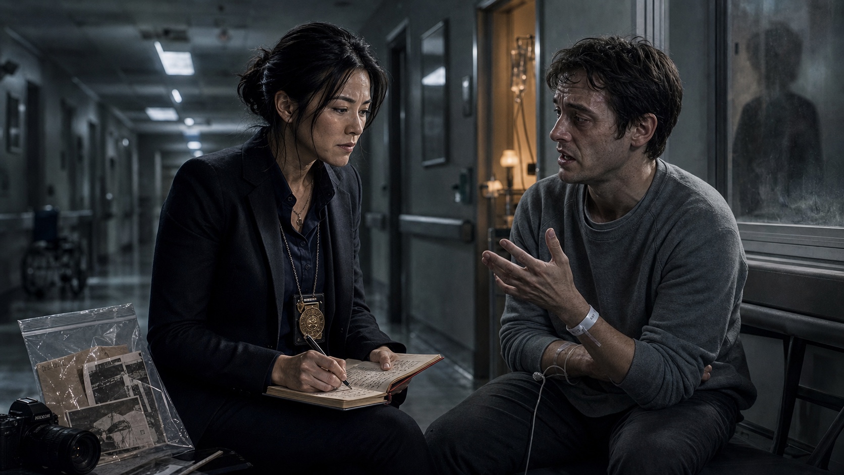 Special Agent Mina Park interviews a witness in a hospital corridor. The witness is describing something that makes no sense. Park is writing down exactly what he says without correcting him.