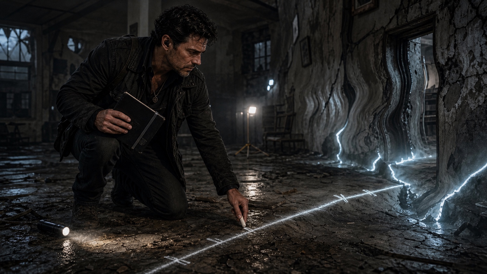 Gabriel Rook crouches at the edge of a Waking Shard. The air is wrong. He is marking the boundary with chalk, noting where it was three days ago. It has moved outward by six feet.