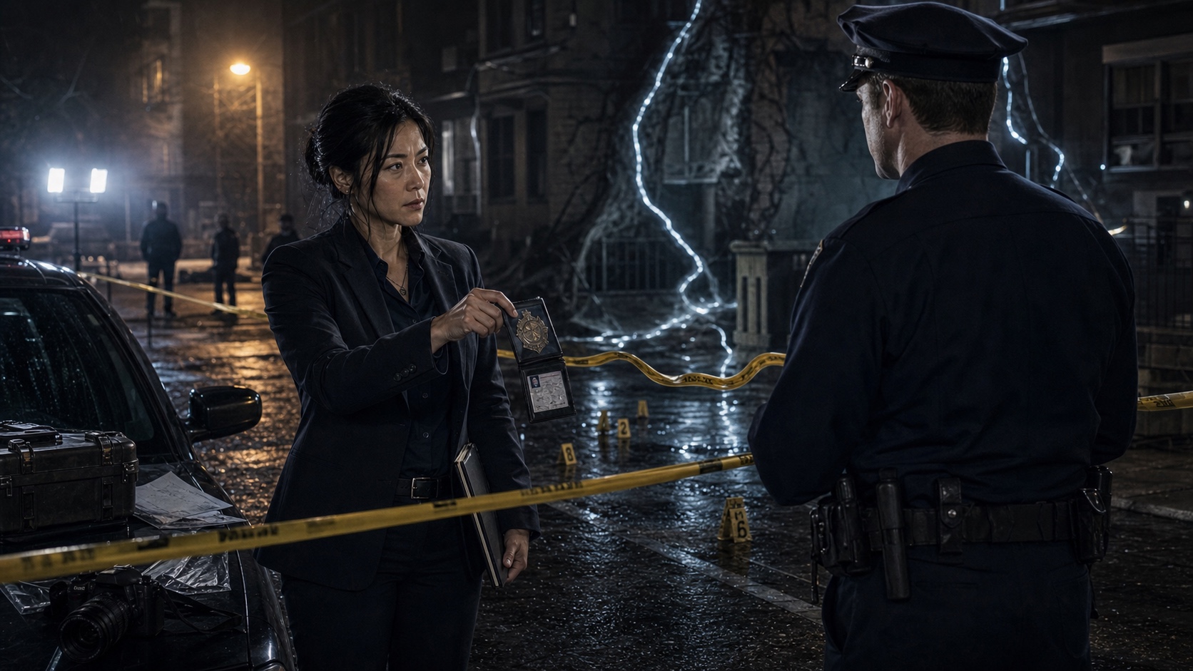 Special Agent Mina Park presents credentials to a uniformed officer at a crime scene tape perimeter. The scene behind the officer is very wrong. The officer has not noticed yet.