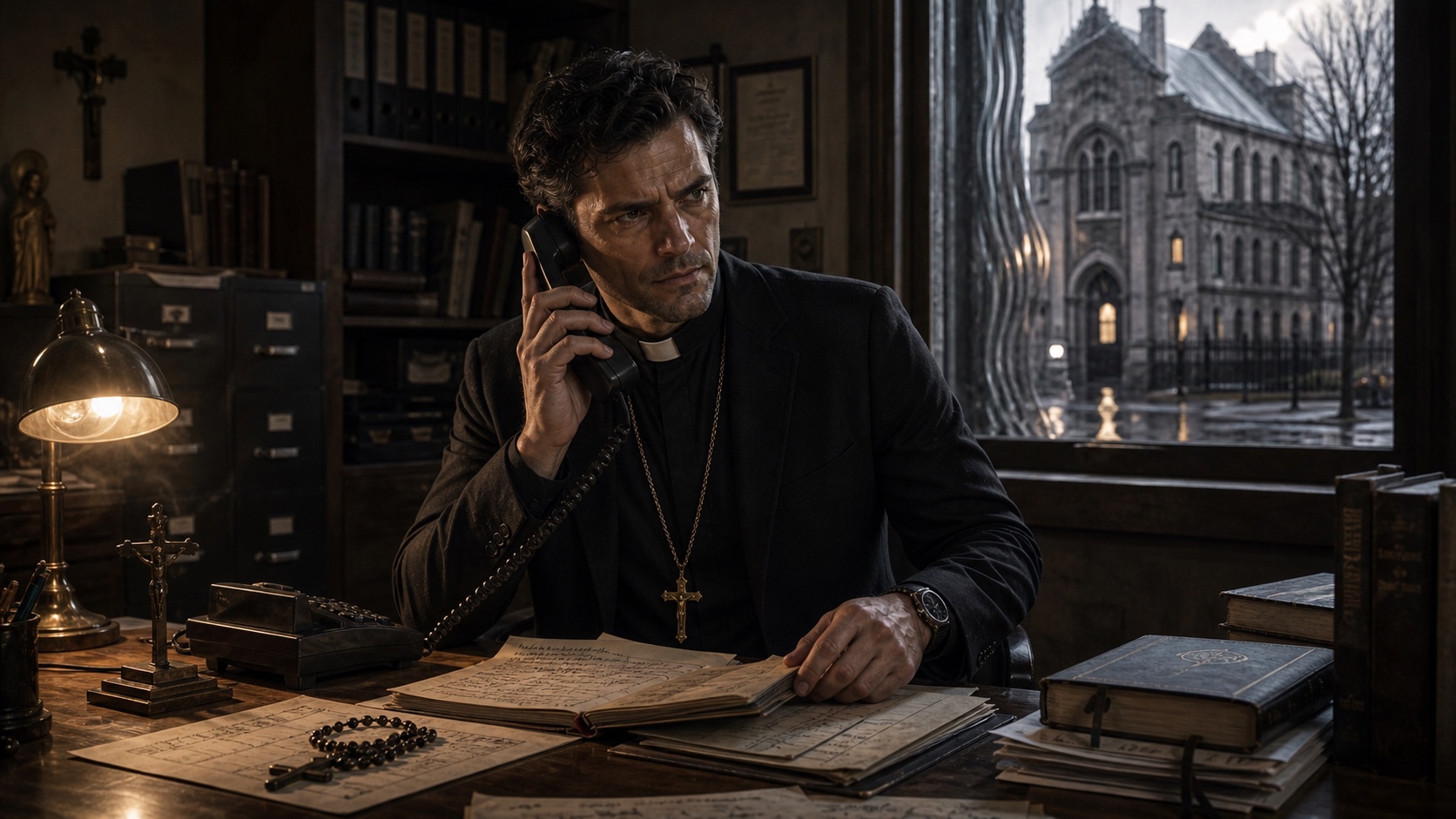 Father Adrian Vale on the phone with the diocesan archive, notepad in hand. Through the window behind him, the building the case is centered on is visible two blocks away.