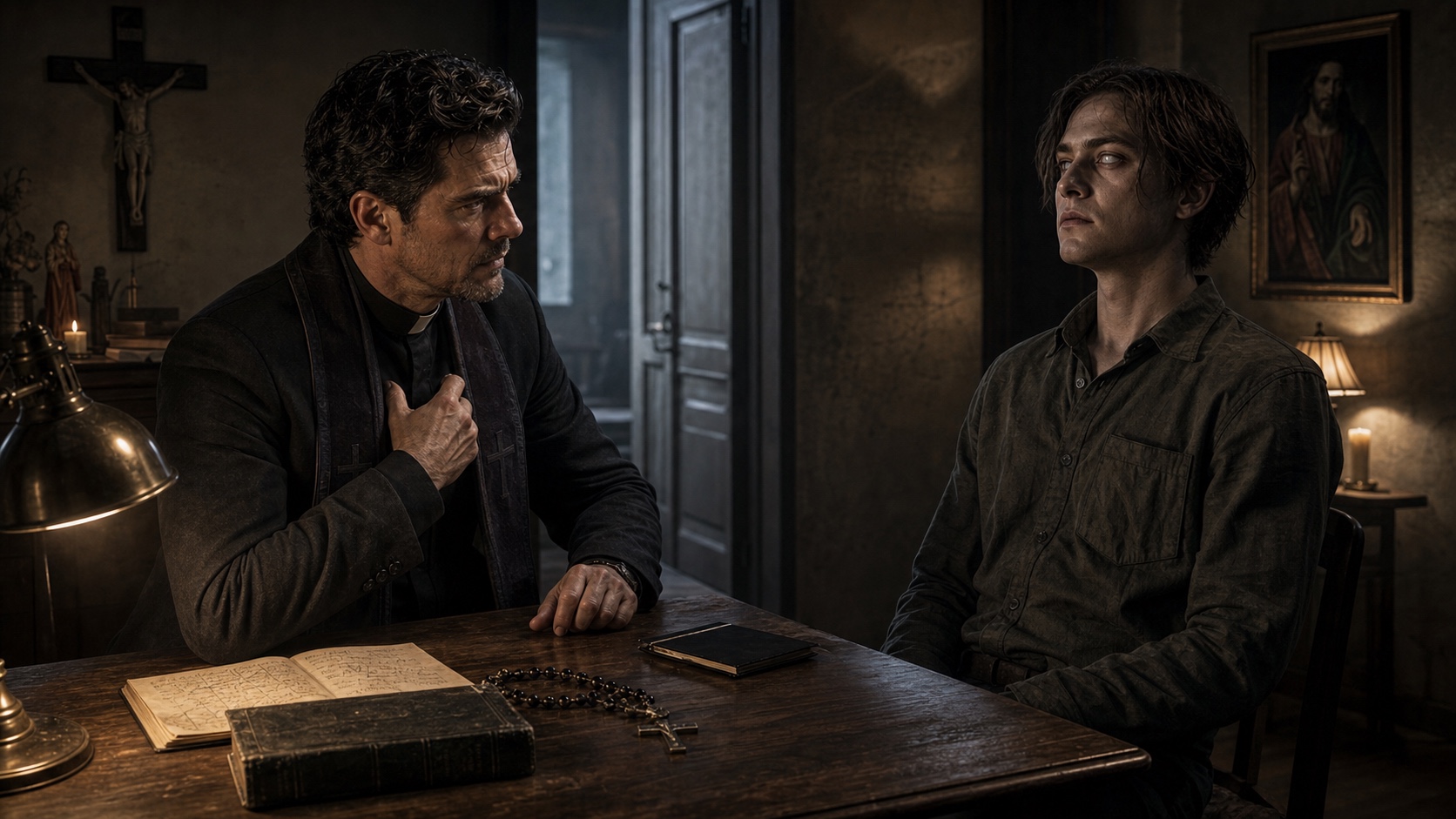 A possessed host in the early stage of oppression: seated across a table from Father Adrian Vale, appearing calm. The eyes are wrong. Vale's hand rests near his stole.