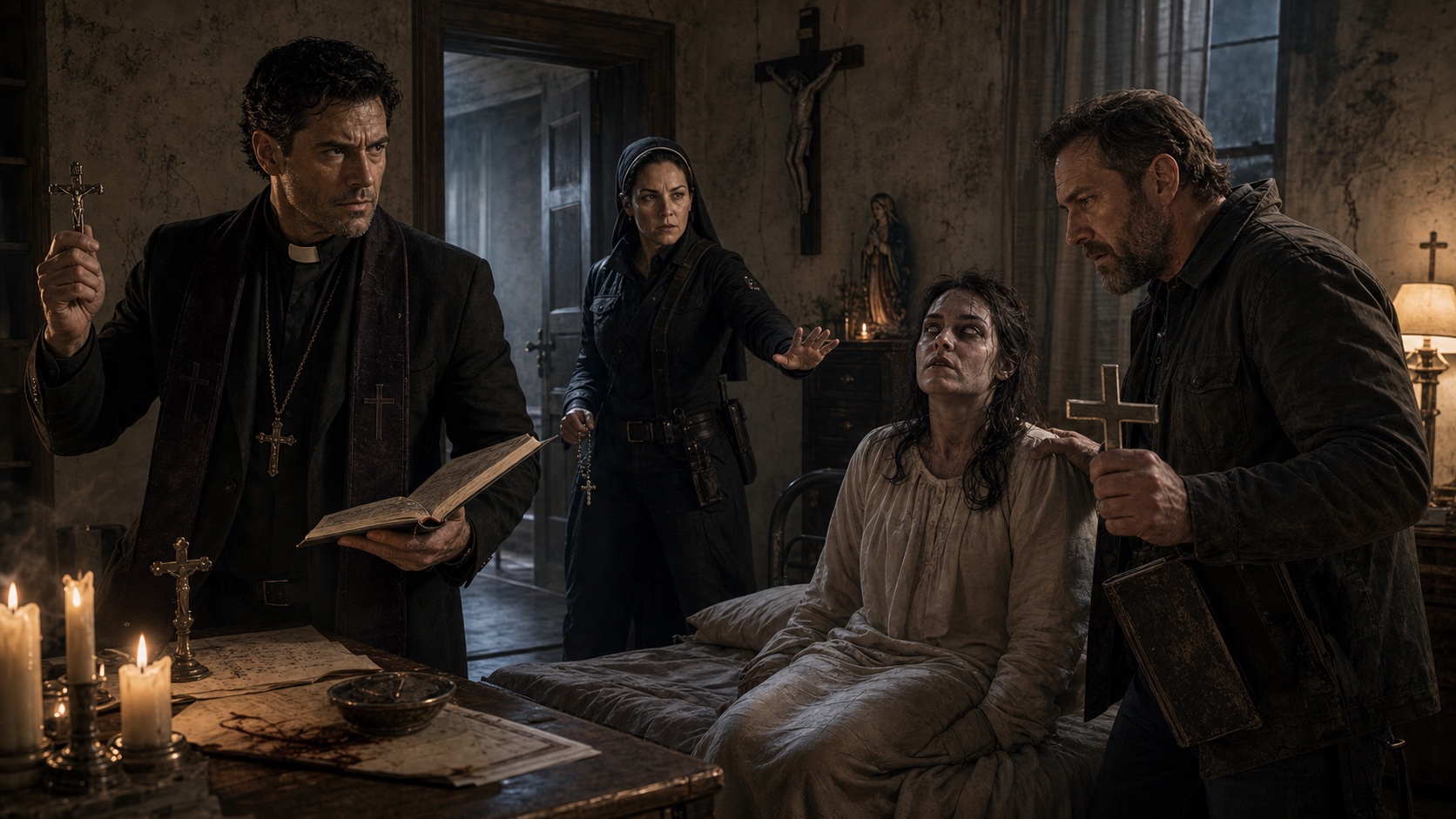 An exorcism in progress against a Named entity. The team holds the perimeter. The exorcist is standing. The entity has just said something to someone in the room that made them step back.
