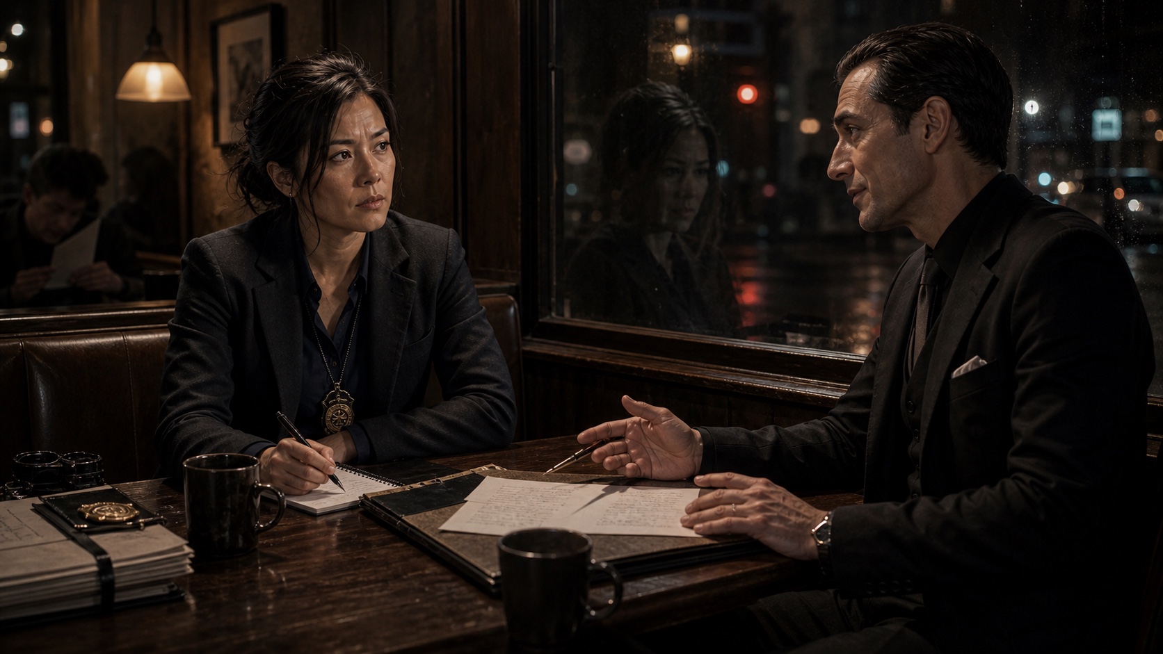A Street Devil in its current human mask: dressed professionally, seated across a coffee shop table from an investigator. The investigator's coffee has gone cold. The deal is already being explained.