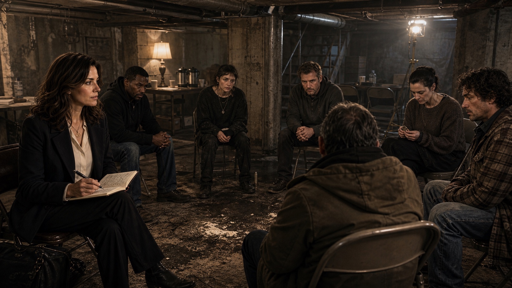 A Street Cell meeting in a rented basement: folding chairs, bad lighting, six people who all have a reason to be here, and one of them received something last week that changed how they see their position.