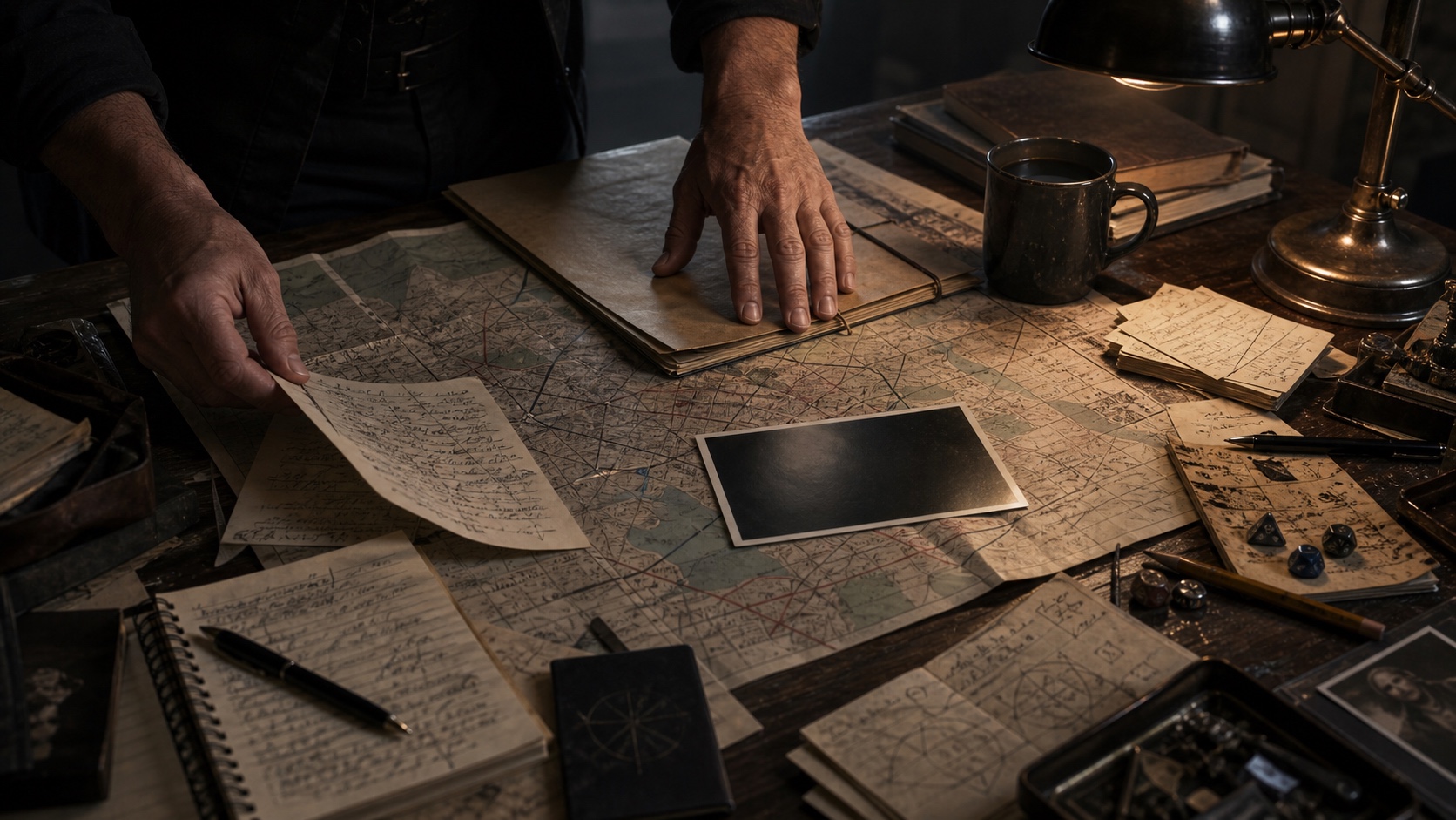 A GM's side of the table: handwritten notes, a folded map, a folder of NPC names, and a single photograph of the case's central location face-down on top. The session hasn't started yet.