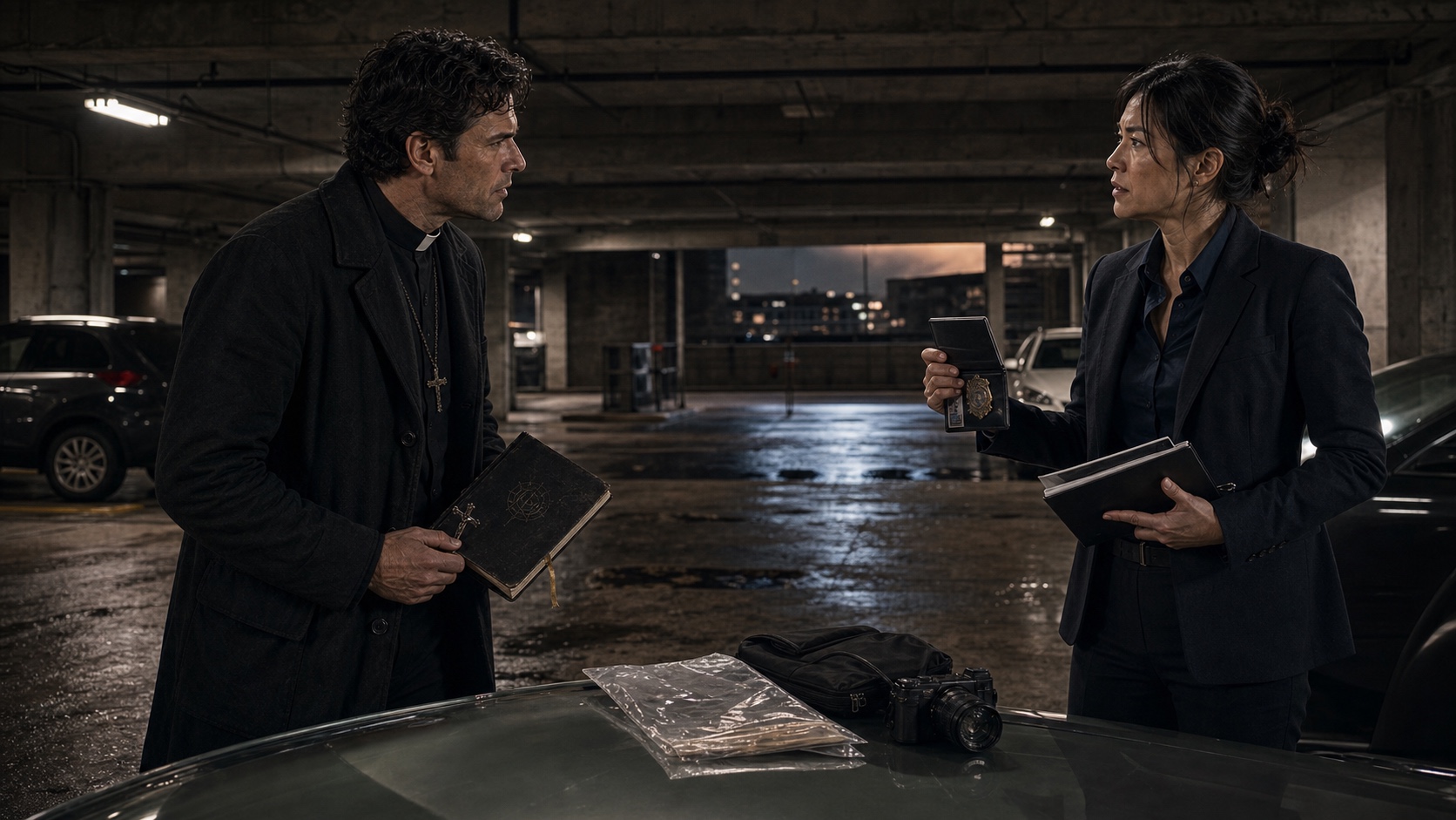 Father Adrian Vale and Special Agent Mina Park face each other in a parking garage. The case they are both working has just pulled them in opposite directions. Neither of them is wrong about what they need to do next.