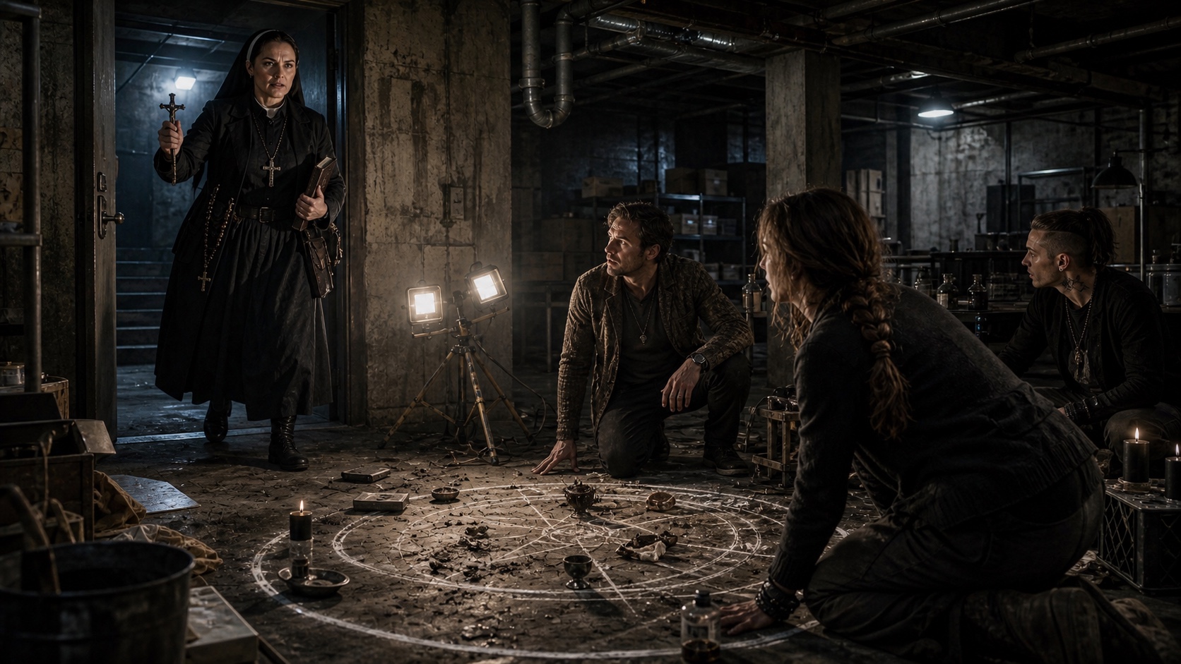 The basement of St. Adela's Hospice: a ritual circle chalked on concrete, portable work lamps casting hard shadows, folding tables along the wall. Three people are still in the room. None of them expected company.