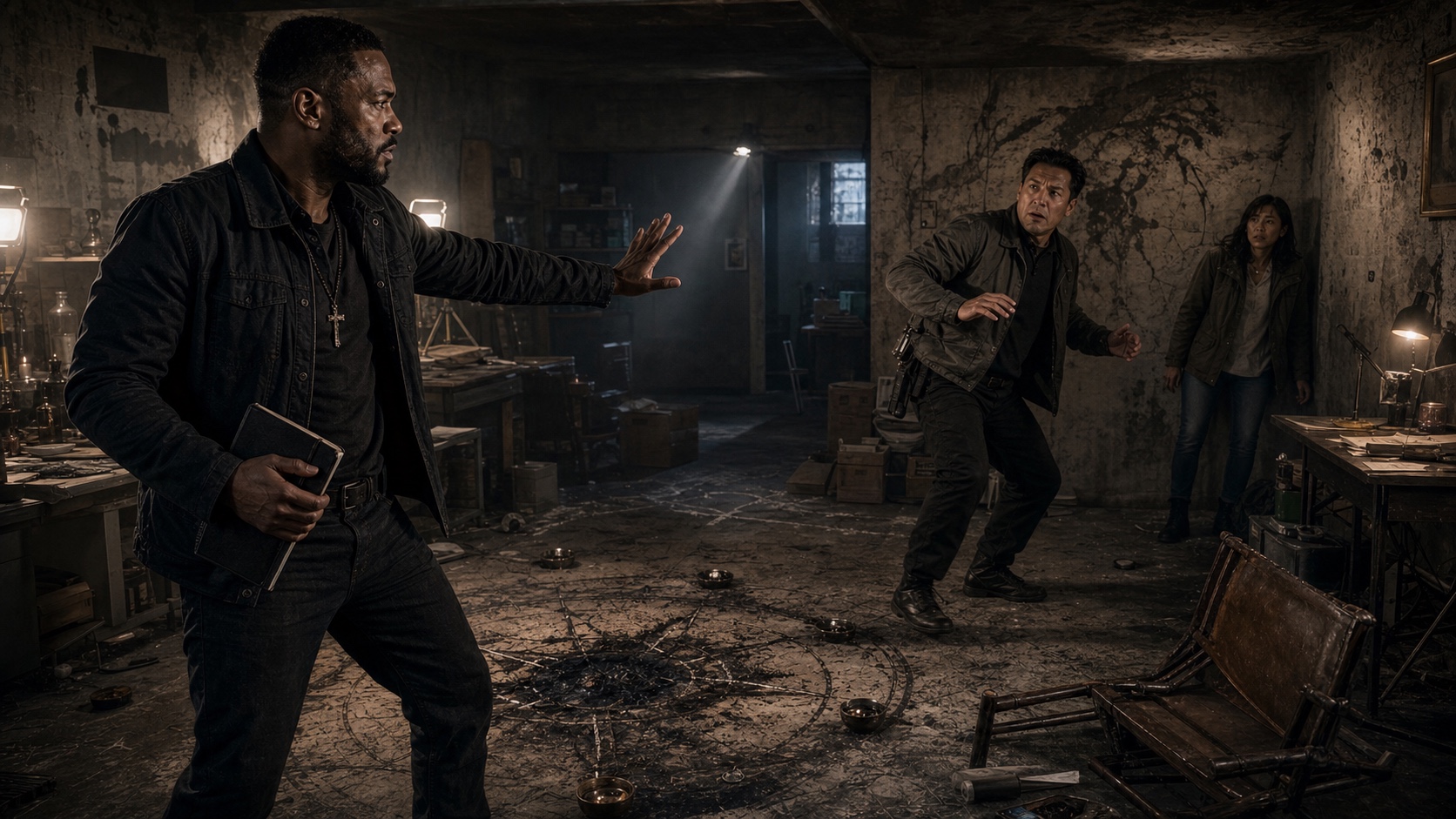 Kwame Asante calling on Righteous Fire while Ramirez retreats across the room. Maria Chen is visible against the far wall. For one round, the demon does not move her.