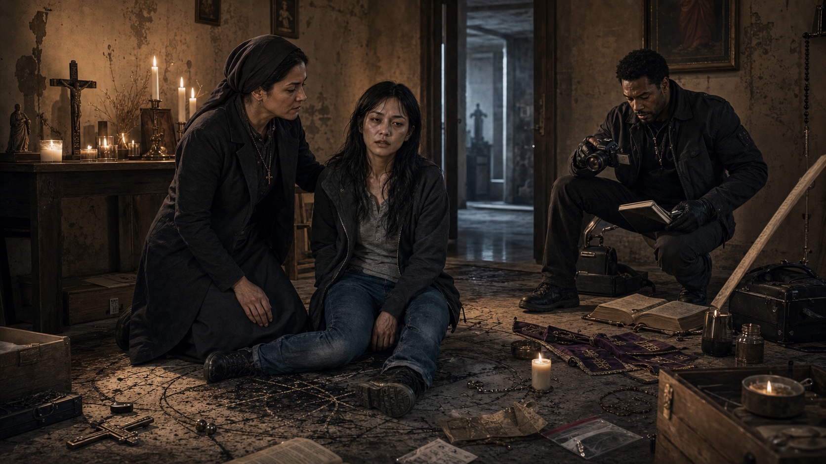 Sister Marisela Duarte kneeling beside Maria Chen after the room has cleared. Darian Cole is documenting the ritual materials behind them. The exorcism preparation has already begun.