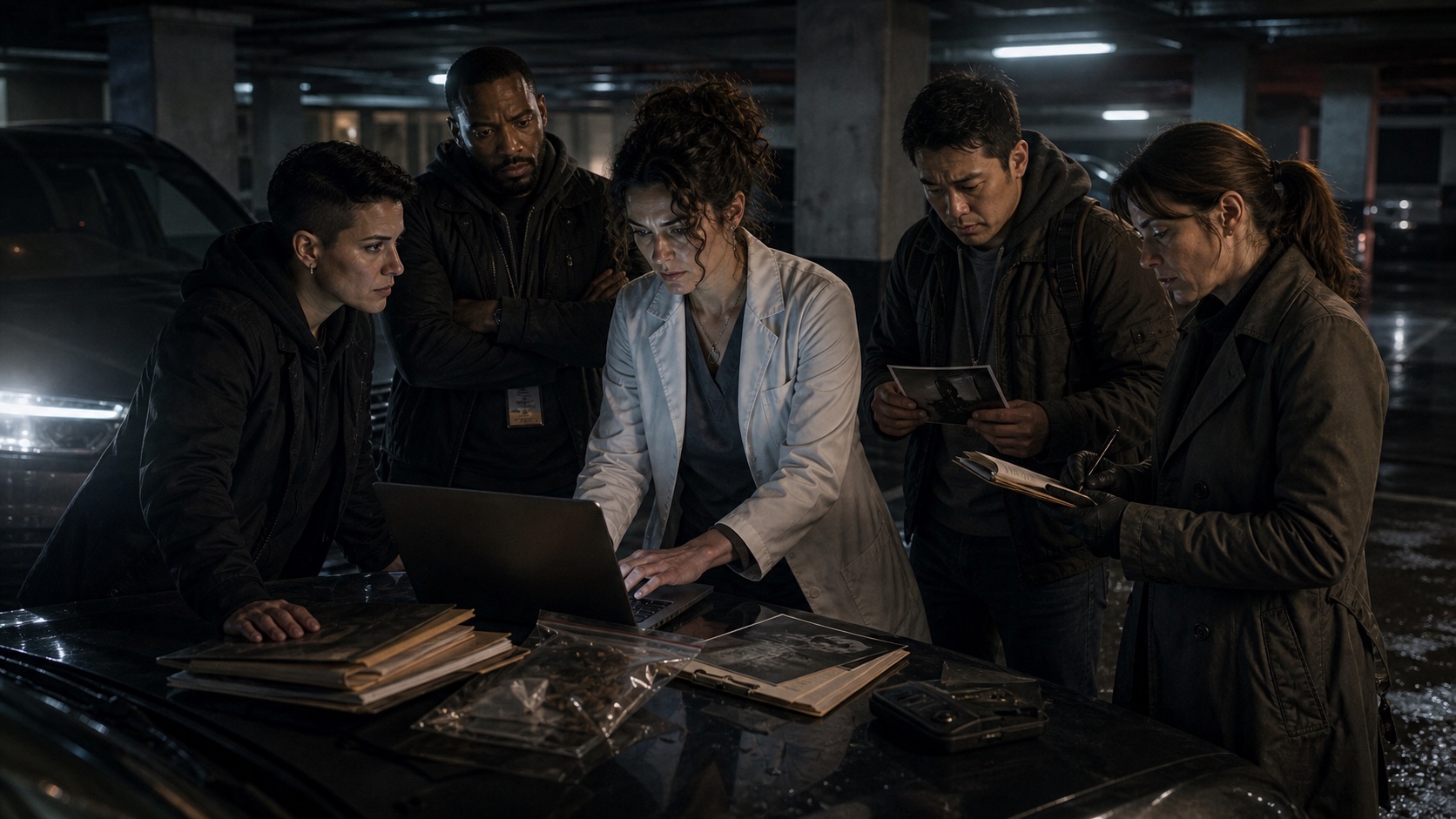 The team reuniting in the parking structure outside St. Adela's. Dr. Yael Stern has the medical records open on her laptop. Nobody is arguing anymore about whether this is a supernatural case.