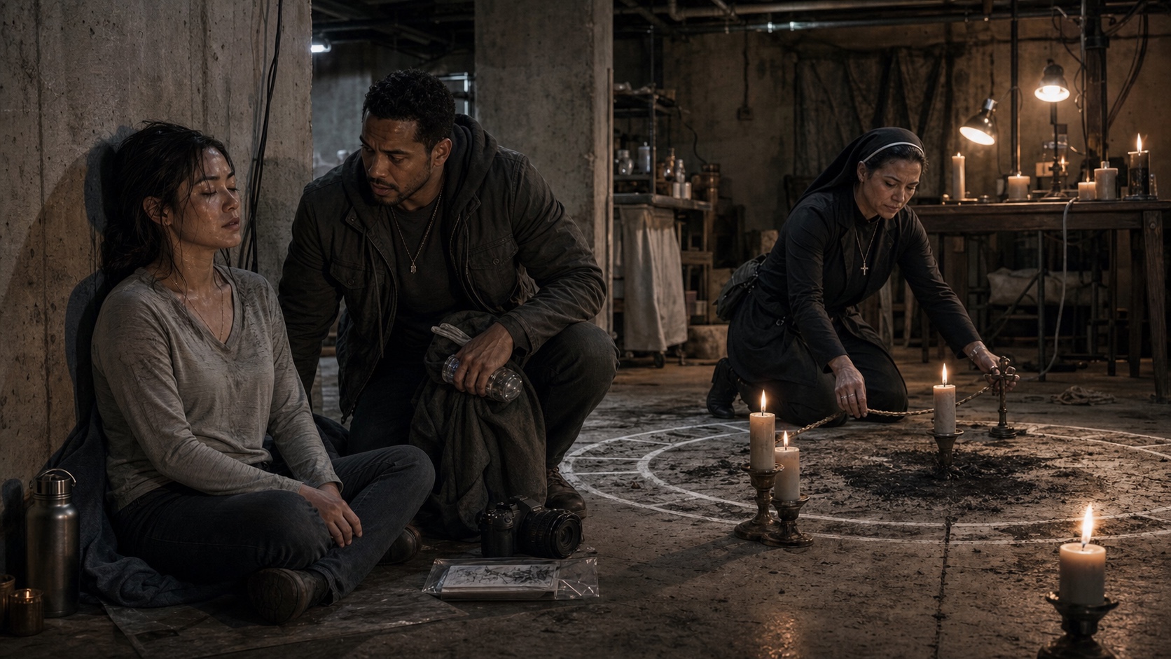 Maria Chen sitting against the basement wall after the exorcism, Darian Cole beside her, Sister Marisela Duarte closing the ritual space behind them. The cult's circle is still chalked on the floor, the ritual it was drawn for interrupted.