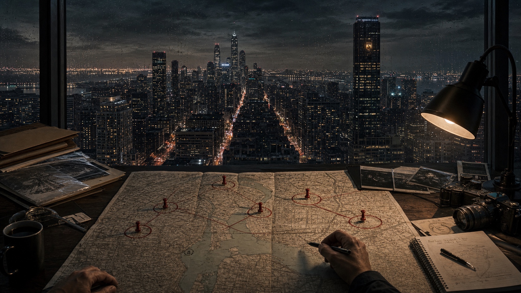 A city at night from an elevated vantage: ordinary streets, ordinary lights, six marked locations on a map the characters are only beginning to understand. David Harlan's office window is lit on the fourteenth floor of a building near the center.