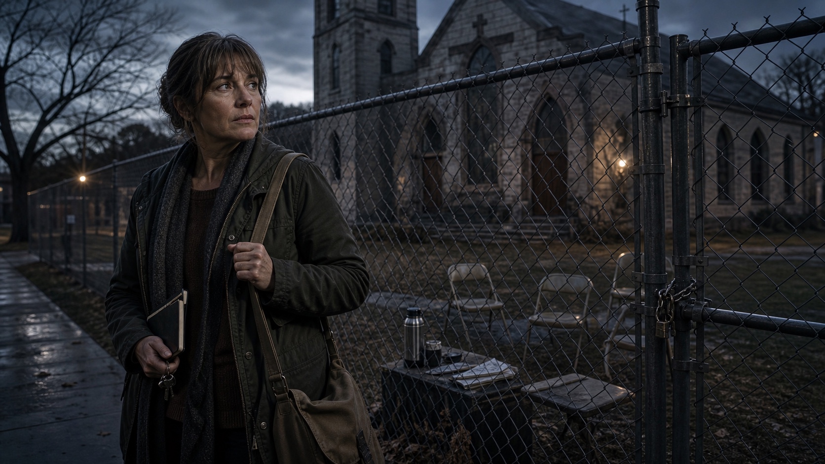 St. Agnes on the Hill: closed for eight years, chain-link fence around the churchyard, but the grief support circle is still meeting every Tuesday. The gate is unlocked. Claudette Marsh is already there.