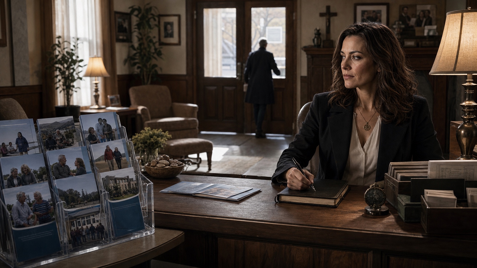 The Harlan Foundation for Community Wellness brochure on a table in a Mercy House lobby: good photography, real testimonials, a mission statement that reads exactly like what it claims to be. The operative behind the front desk is watching the door.