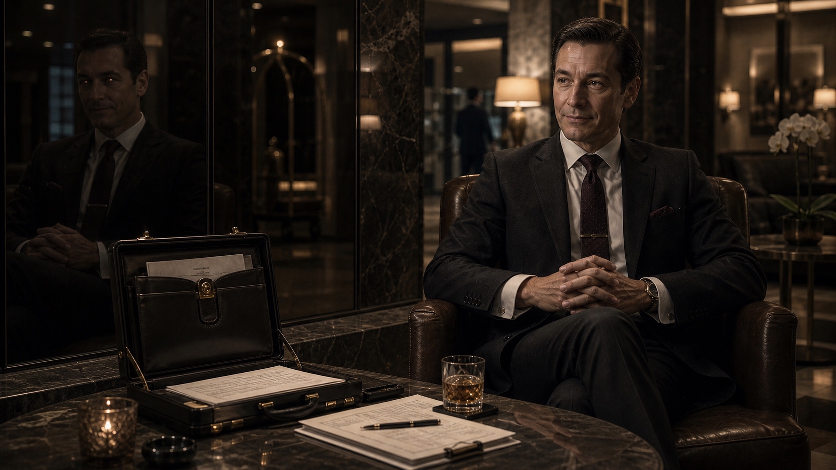 Warren Silk in a hotel lobby, seated, waiting. His briefcase is open. The contract is already prepared. His reflection in the lobby window is correct in every detail except one, and it takes a moment to notice which one.