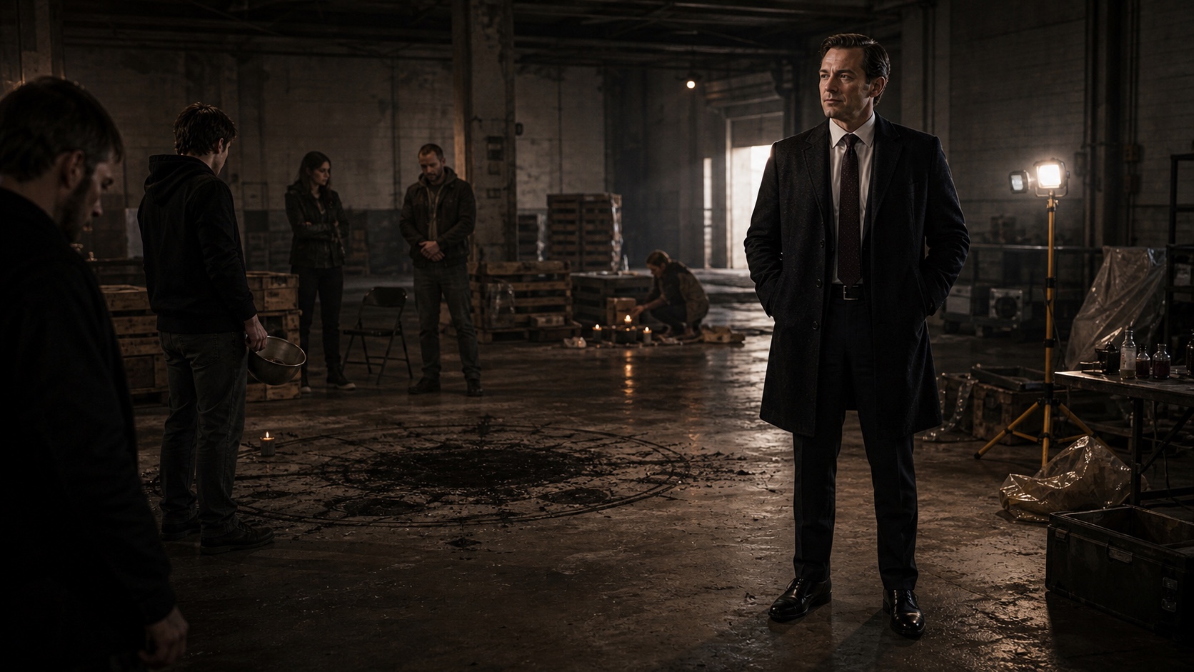 David Harlan in the warehouse confrontation: standing apart from the cult members, not fighting, listening. The investigators are in the room, and some part of him is relieved.