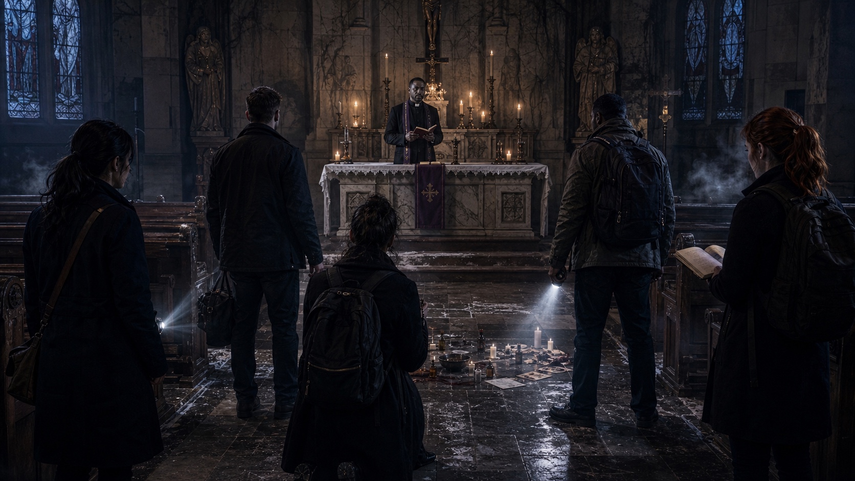 St. Casimir's at midnight: Father Okafor at the altar, the team positioned around the nave, the temperature dropping. Outside, the accumulated spiritual weight of the whole operation is pressing toward this building. The church has held before. The question is whether it will hold tonight.