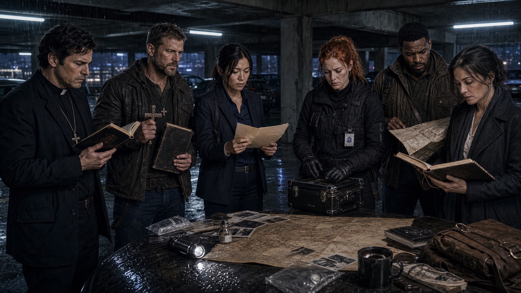 Six investigators, six factions, one case. They are standing in a parking structure in the rain at two in the morning because something happened that none of them can explain yet.