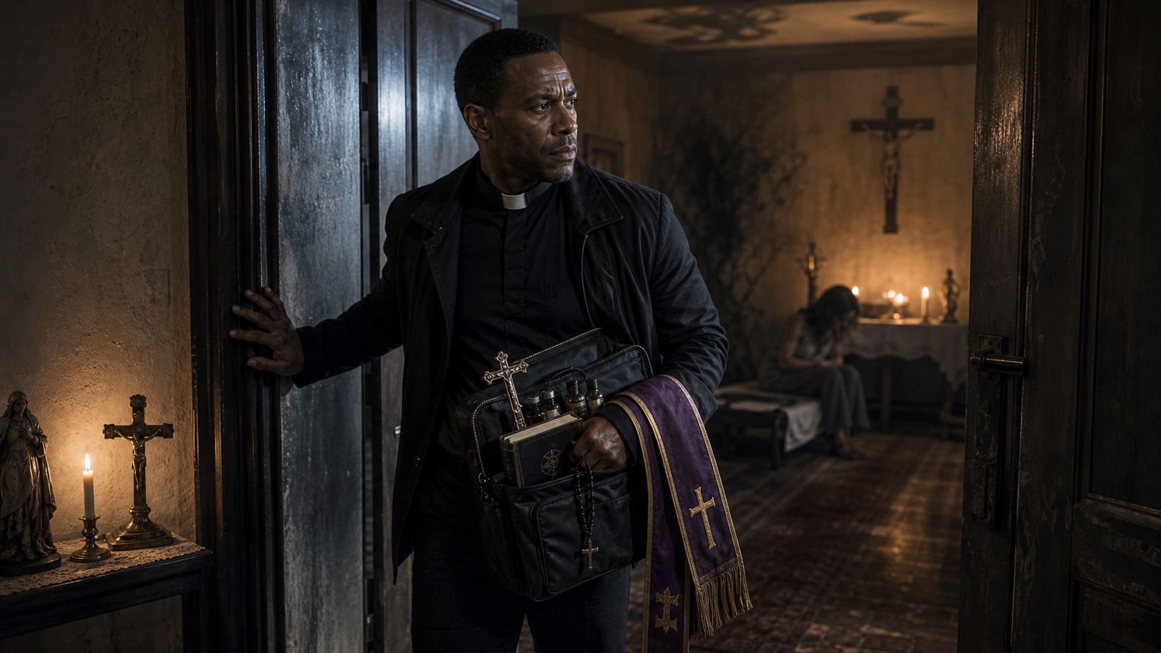 Father Daniel Osei, Order of Mercy. Exorcism kit in hand, stole folded over his arm, standing in the doorway of a room he has already assessed.