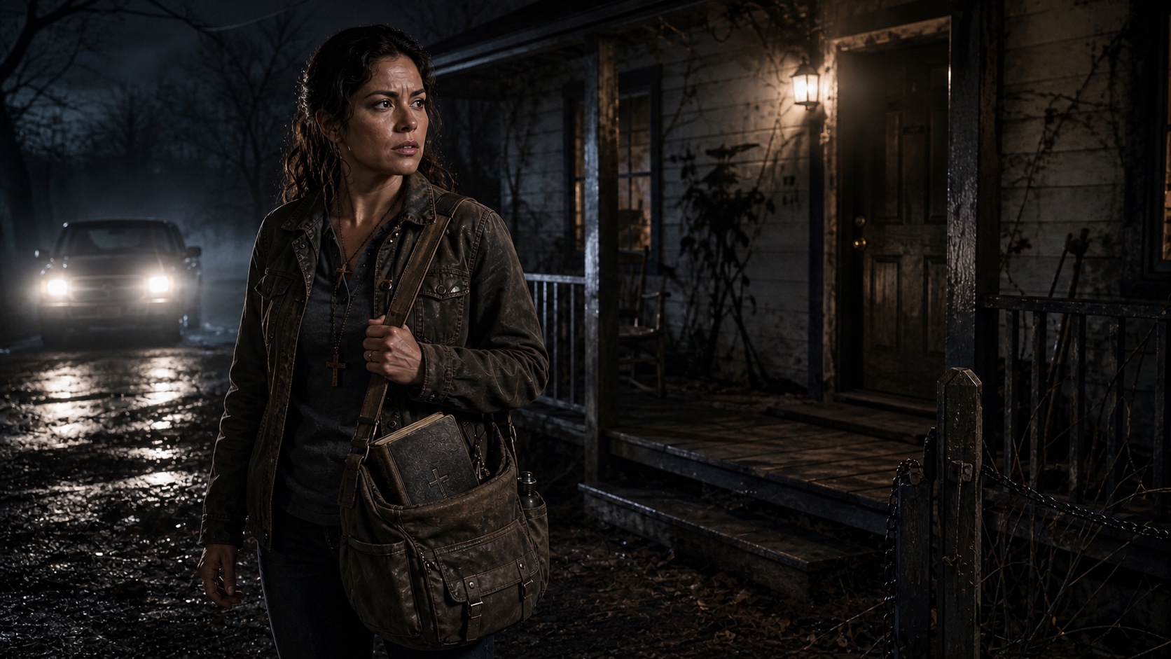 Abigail Torres, The Watchfires. Road-worn jacket, worn Bible in her bag, standing outside a house she has not been invited into yet. She will be.
