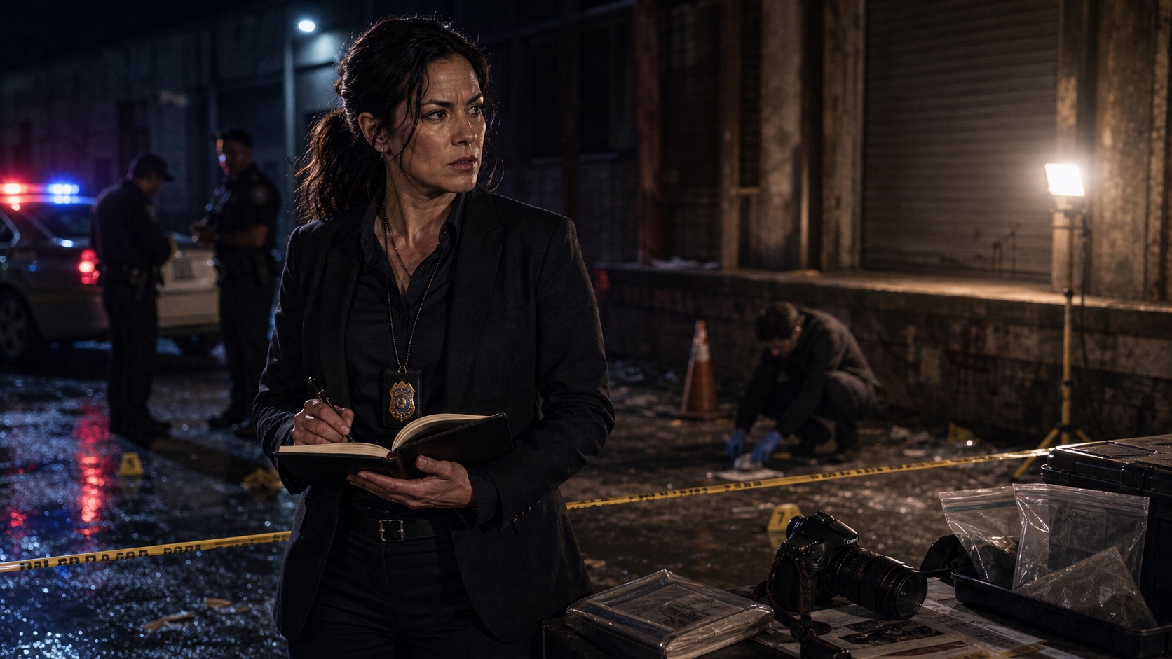 Special Agent Petra Vance, Lyncean Office. Federal credentials visible on the lanyard, case notebook open, standing at a crime scene tape perimeter with the expression of someone who already knows the report is wrong.