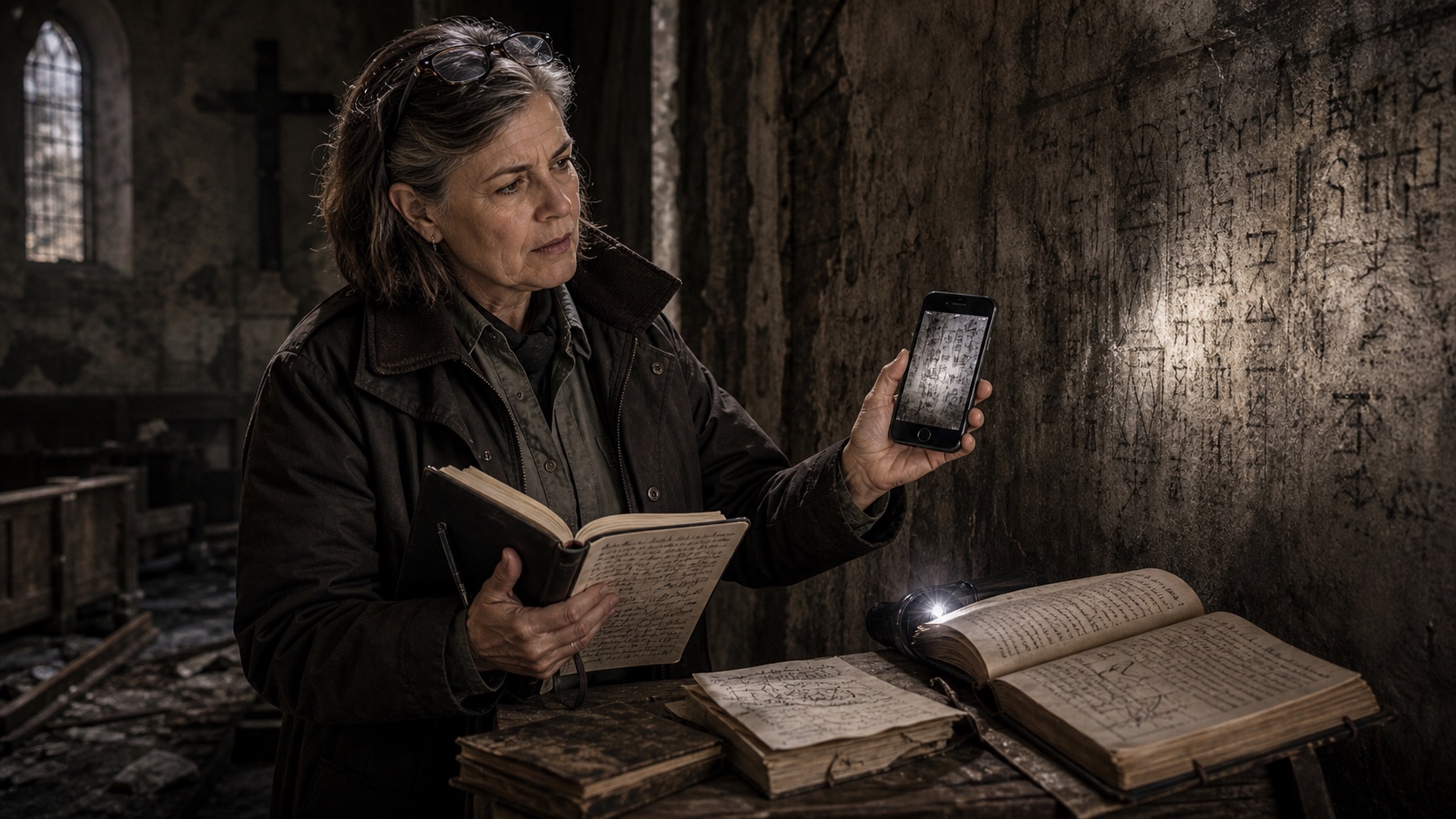 Dr. Miriam Schalk, The Lantern Index. Reading glasses pushed up, a photographed inscription on her phone screen, standing in a field site that most scholars would not have known to visit.