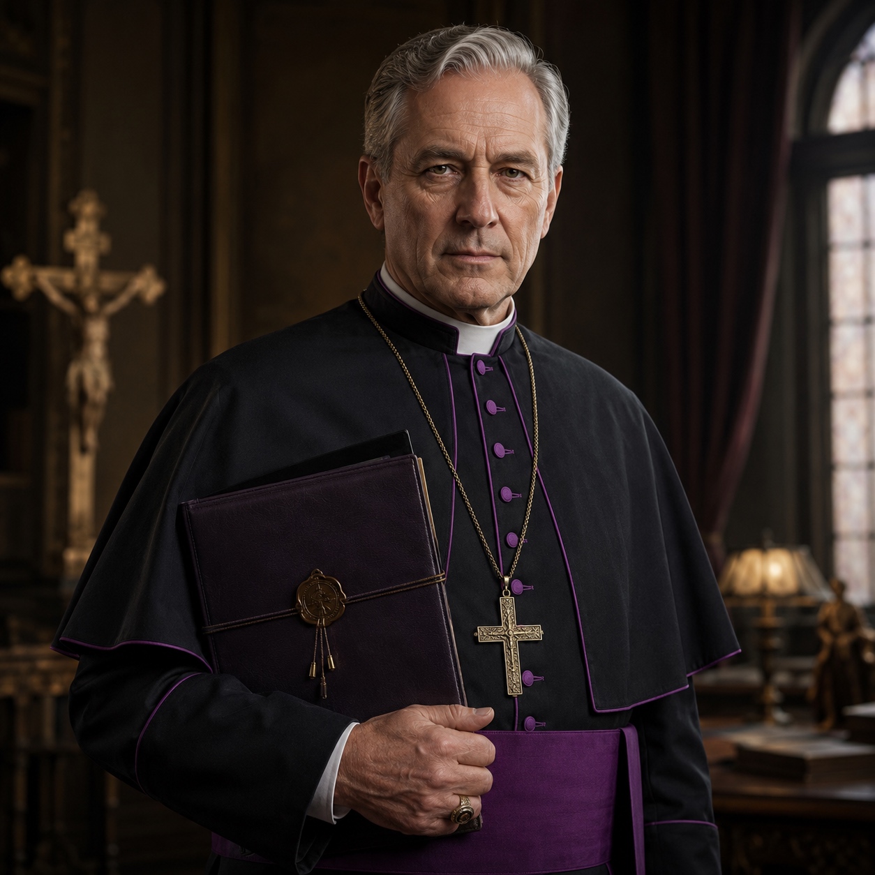 Bishop Matthias Reeve. Photographed in his office doorway, cassock buttoned, waiting for the room inside to finish arguing without him.