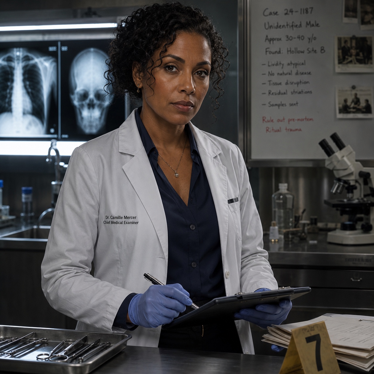 Dr. Camille Mercer, Medical Examiner. Photographed in the exam room, recorder already running, one eyebrow already raised at the tissue sample.
