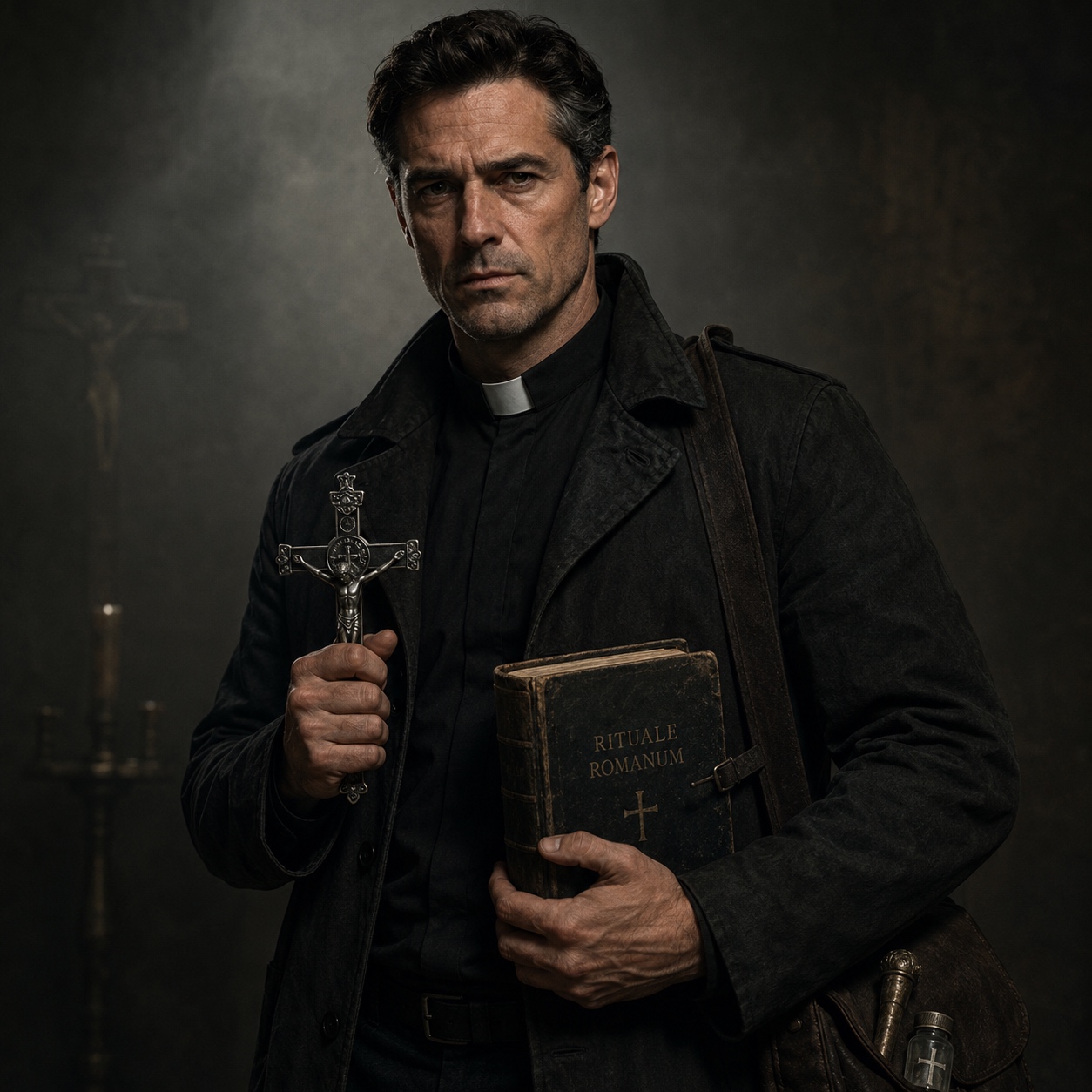Father Adrian Vale, Order of Mercy. Photographed outside a diocesan chancery, collar buttoned, satchel already in hand.