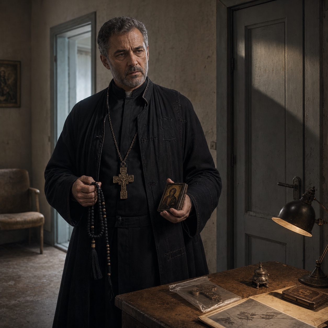 Father Konstantinos, the Neptic Brotherhood. Photographed just inside a doorway, prayer rope moving through his fingers, eyes already on the room beyond.