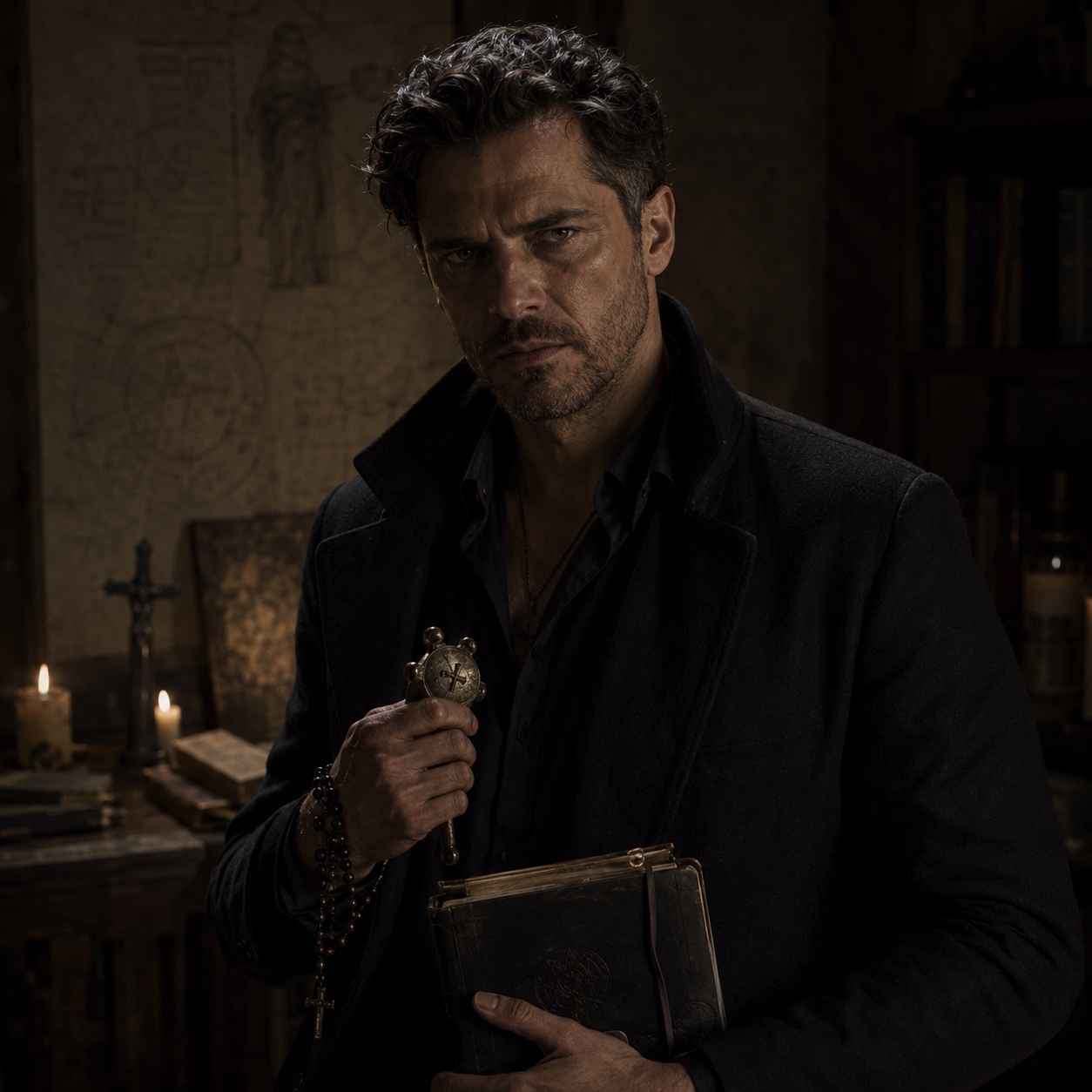 Father Lucian Marr, The Candleless. Photographed in a doorway half in shadow, collarless, rosary still wound around one wrist.