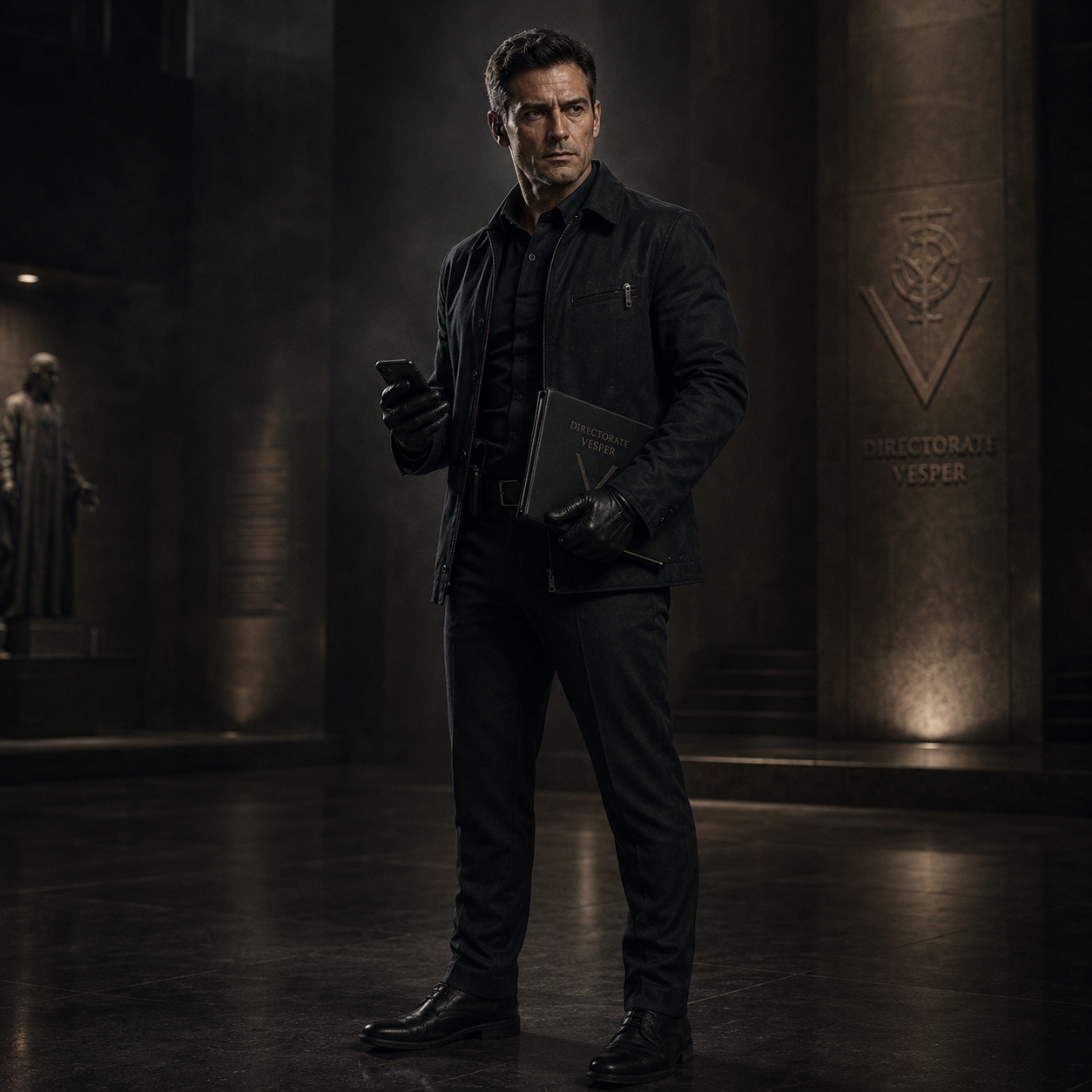Gabriel Rook, Directorate Vesper. Photographed from across a hotel lobby by a camera he had already located.