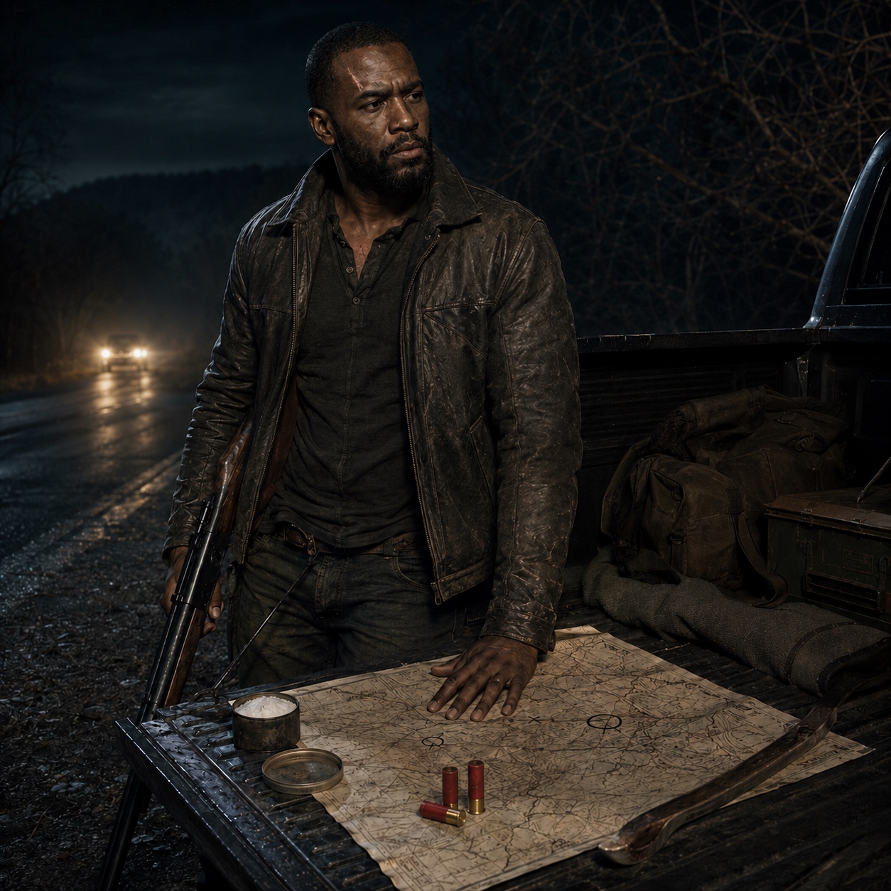 Isaiah Boone, Black Road. Photographed at the tailgate of his truck, breaking down the shotgun for a site he hasn't gone into yet.