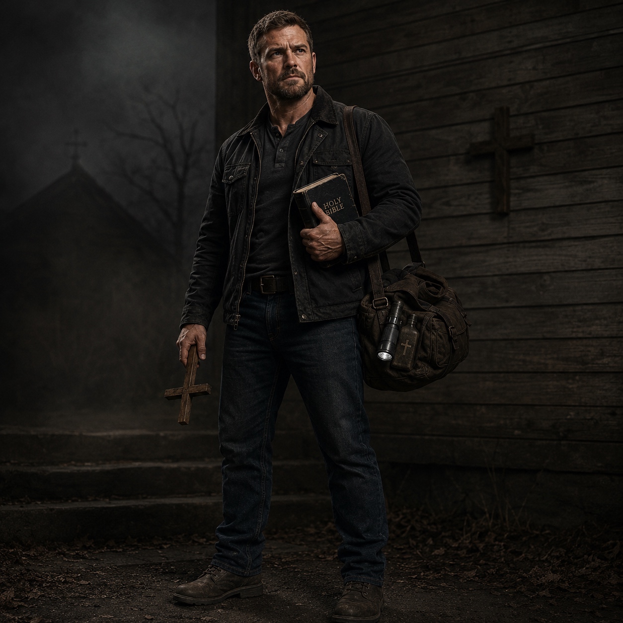 Pastor Caleb Stroud, Watchfires. Photographed in a church parking lot at two in the morning, duffel bag already over one shoulder.