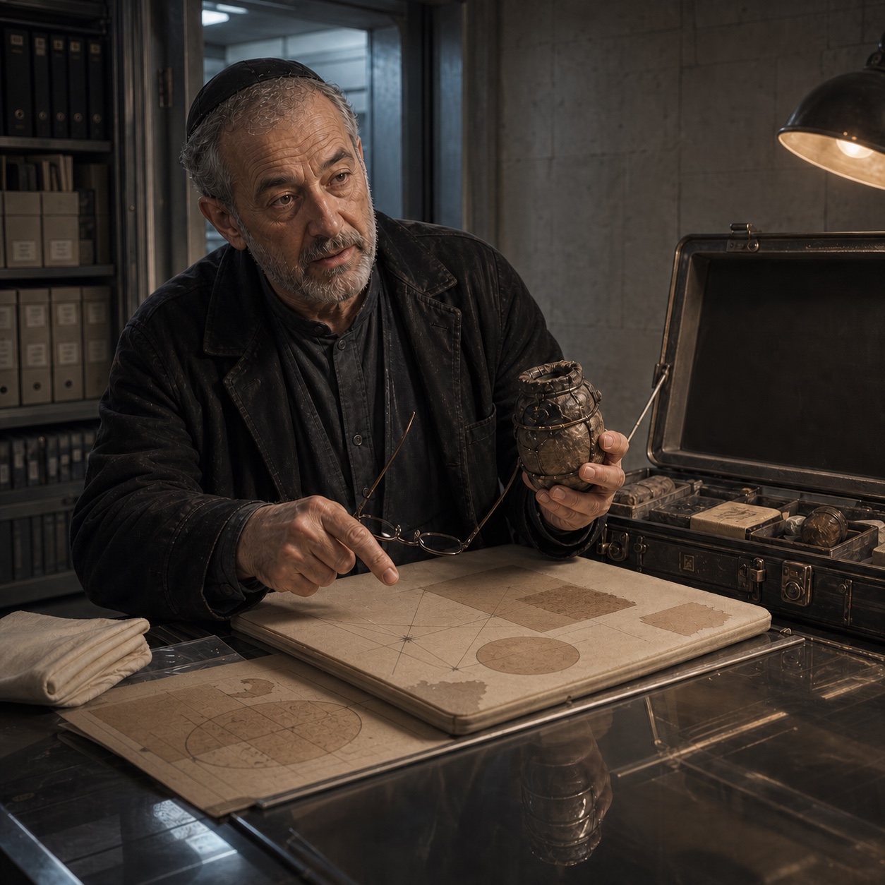 Rabbi Saul Auerbach, the Lamed Vav. Photographed at a reading table, three open volumes weighted flat with stones instead of paperweights.