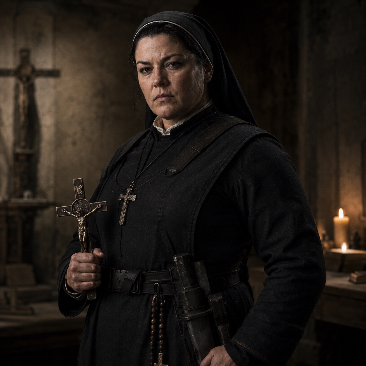 Sister Kevin, Sisters of Nursia. Photographed mid-stride through a doorway, reliquary knife already drawn.