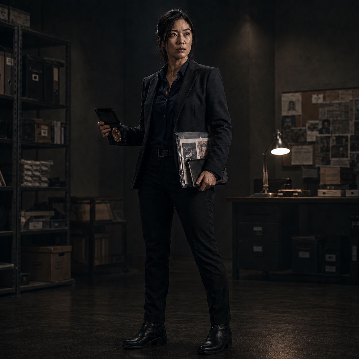 Special Agent Mina Park, Lyncean Office. Photographed at her desk at the end of a field day, case log open, badge still clipped to her belt.