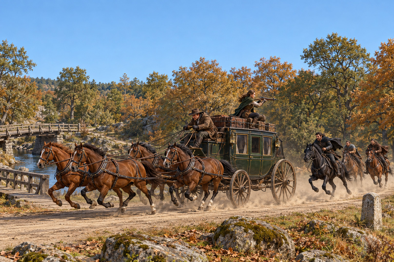 A coach and four pursued at the gallop